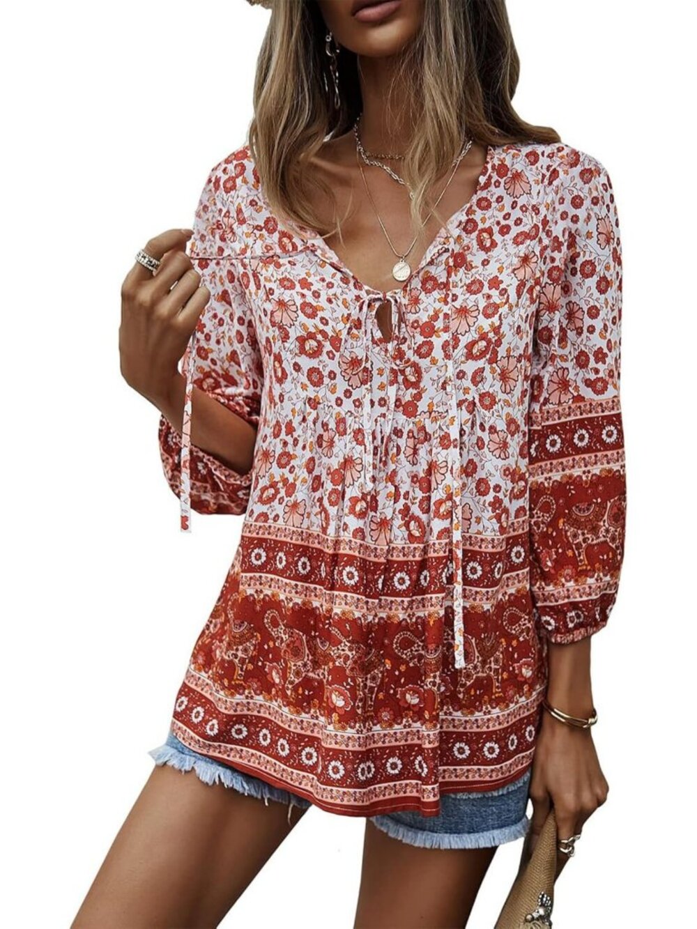 Floral V-Neck Flowy Boho Top for Women - Lightweight, Casual Summer Style